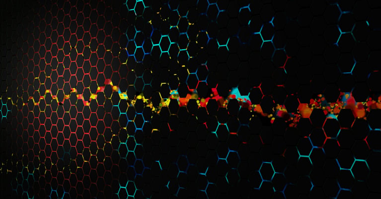 Dark hexagonal grid with illuminated red, blue and turquoise edges surrounding a multicoloured digital data stream.