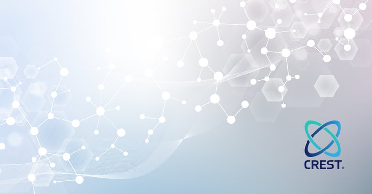 Abstract cyber security background featuring connected network nodes and hexagonal patterns on a light blue and grey gradient, with the CREST accreditation logo in the bottom-right corner.