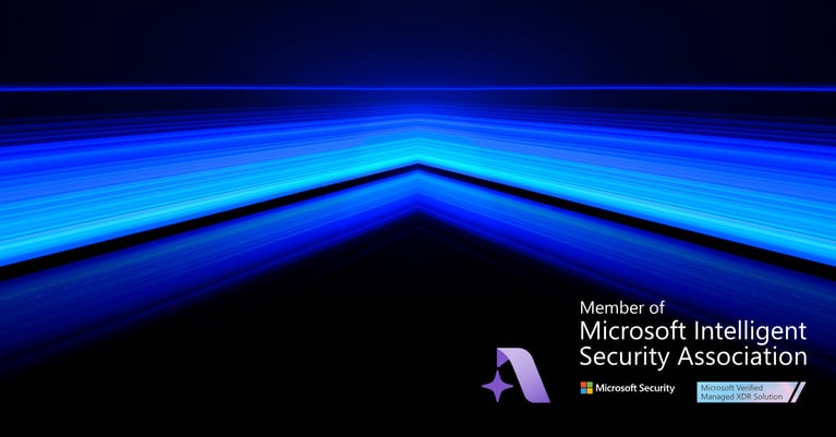 Abstract blue light trails converging towards a central point on a dark background, representing speed, connectivity and digital security, alongside Microsoft Intelligent Security Association and Microsoft Verified Managed XDR Solution partner logos.
