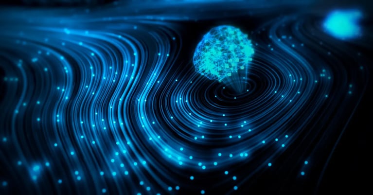 Glowing blue digital brain surrounded by flowing data lines and illuminated nodes on a dark background.