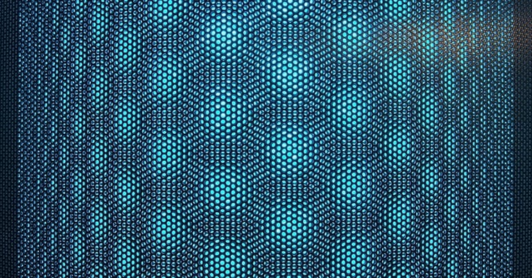 Close-up of a perforated metal surface illuminated by blue light, creating an abstract pattern representing digital infrastructure and AI technology.
