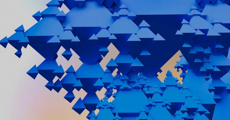 Abstract network of layered blue geometric triangles representing connected security signals and AI phishing detection.