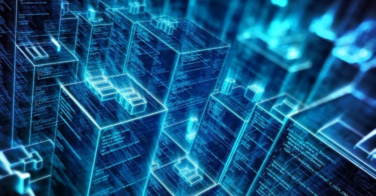 Abstract digital cityscape made from glowing blue code and interconnected data structures, representing complex IT infrastructure and cybersecurity monitoring.