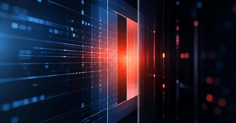 Abstract digital interface with blue data lines converging on a glowing orange-red rectangular gateway against a dark background.