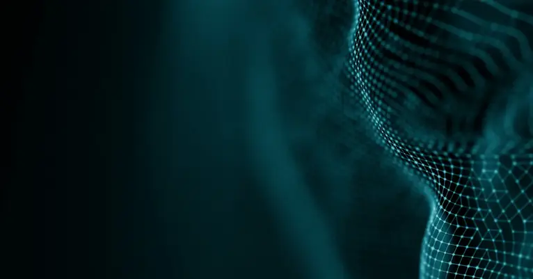 Abstract teal digital mesh forming layered waves against a dark background, representing cyber risk, data exposure and breach recovery.