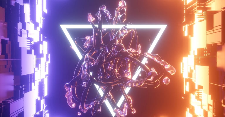 Abstract futuristic illustration representing AI governance and security risk, featuring a glowing white triangle surrounding a chaotic cluster of intertwined metallic and liquid-like forms, set between contrasting blue and orange digital environments that symbolise control, autonomy and emerging AI threats.