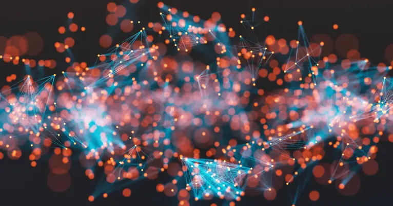 Abstract network of connected blue lines and orange nodes representing AI, data connectivity and cyber security.