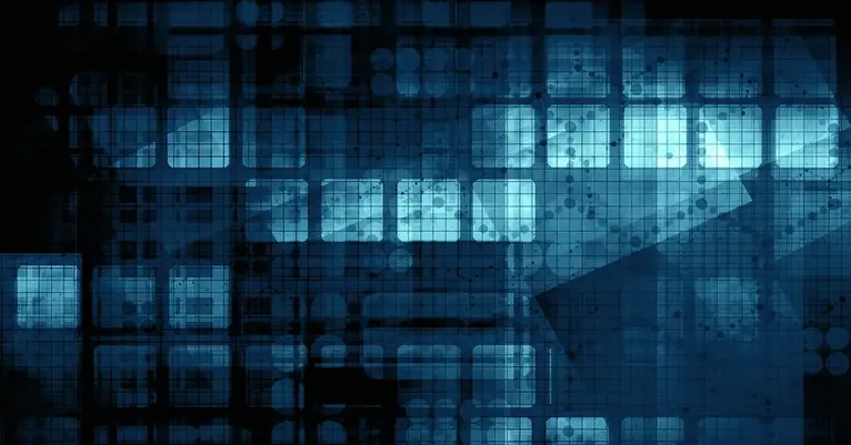 Abstract blue grid of overlapping squares, lines and geometric shapes representing interconnected digital infrastructure and cyber resilience.