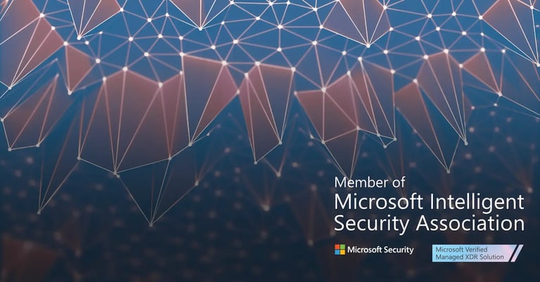 Abstract blue and pink digital network with Microsoft Security branding, stating ‘Member of Microsoft Intelligent Security Association’ and ‘Microsoft Verified Managed XDR Solution