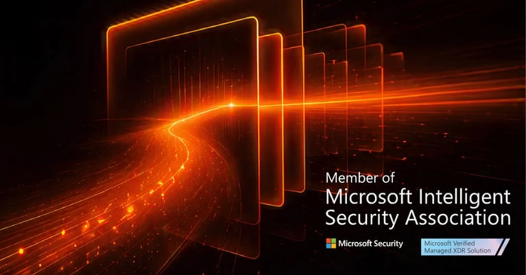 Abstract orange light trail passing through glowing digital frames beside Microsoft Security, Microsoft Intelligent Security Association member and Microsoft Verified Managed XDR Solution branding.