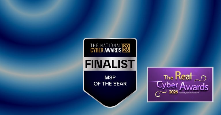 Graphic featuring two cyber security award recognitions on a blue abstract background. The National Cyber Awards 2026 finalist badge is displayed prominently in the centre-left with the text 
