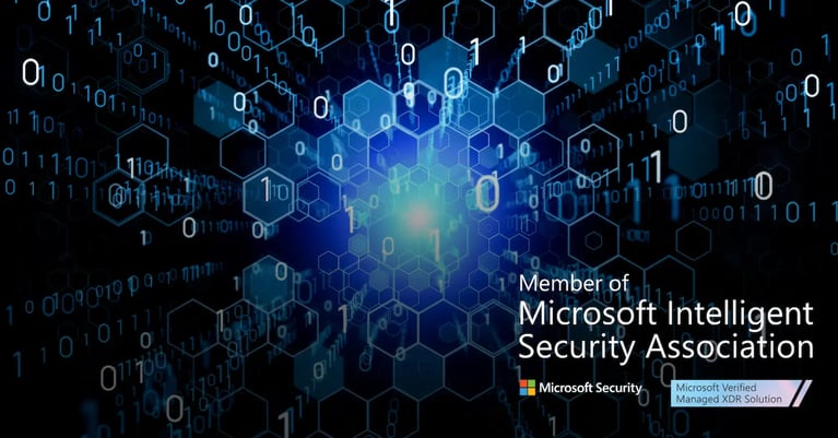 Blue digital network of binary code and hexagons with Microsoft Security branding, stating ‘Member of Microsoft Intelligent Security Association’ and ‘Microsoft Verified Managed XDR Solution’.