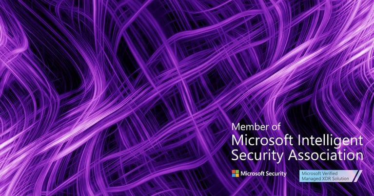 Abstract purple digital network graphic with Microsoft Security branding, stating ‘Member of Microsoft Intelligent Security Association’ and ‘Microsoft Verified Managed XDR Solution