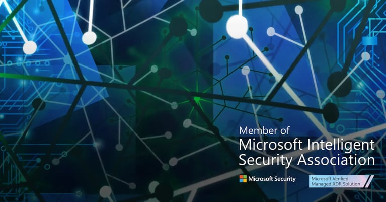Abstract blue and green digital network graphic featuring Microsoft Security branding, highlighting CyberOne’s membership in the Microsoft Intelligent Security Association and Microsoft Verified Managed XDR Solution status.