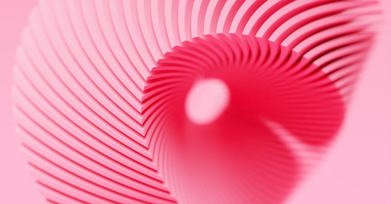 Abstract pink geometric spiral pattern featuring layered curved ridges flowing around a central circular shape, creating a dynamic sense of motion and depth against a soft pink background.
