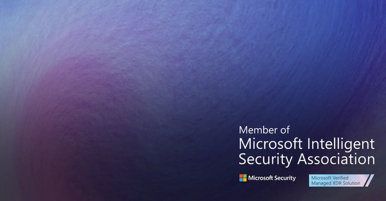 Abstract blue and purple background featuring Microsoft Security branding, highlighting CyberOne’s membership in the Microsoft Intelligent Security Association and Microsoft Verified Managed XDR Solution status.