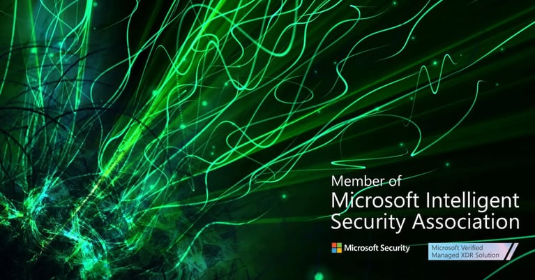 Abstract green light trails with Microsoft Security branding, stating ‘Member of Microsoft Intelligent Security Association’ and ‘Microsoft Verified Managed XDR Solution’
