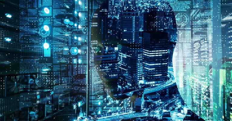 Silhouetted human profile overlaid with a blue-lit cityscape, data visualisations and digital code, representing AI-powered security operations.