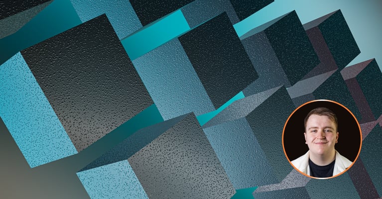 Abstract composition of overlapping teal, grey and black textured geometric shapes, with a circular headshot of a person in a white jacket outlined in orange on the right.