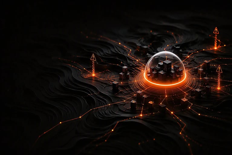 Connected digital infrastructure protected beneath a transparent security dome, with orange warning signals highlighting cyber threats across the network.