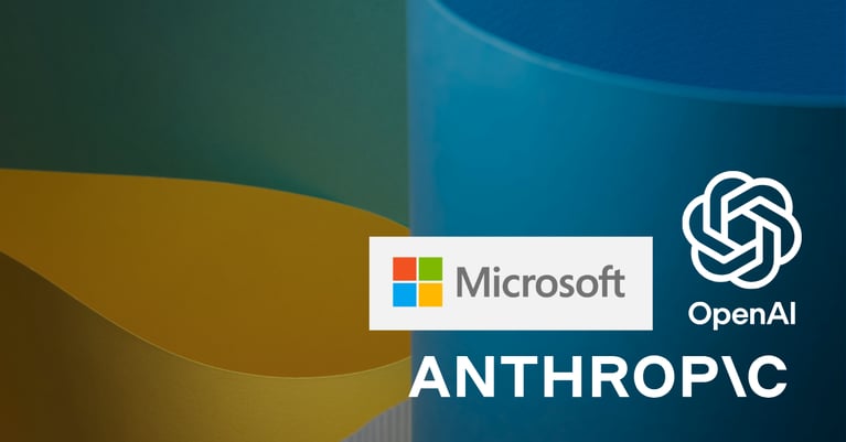 Abstract blue, green and gold background featuring the Microsoft, OpenAI and Anthropic logos.