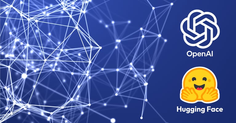 Illustration representing the OpenAI-Hugging Face incident, featuring a blue digital network of interconnected nodes and lines symbolising AI systems and cyber activity, with the OpenAI logo and Hugging Face logo displayed on the right side against a dark blue background.