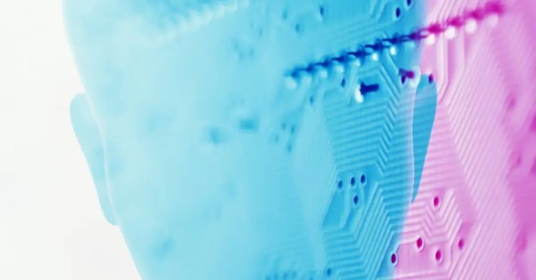 Abstract illustration of a human-like digital face overlaid with circuit board patterns in blue and pink tones, representing cybersecurity, digital identity, social engineering threats, and data breach risks.