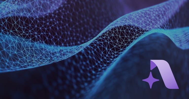 Abstract blue digital mesh waves with a purple AssureAI logo in the lower-right corner.