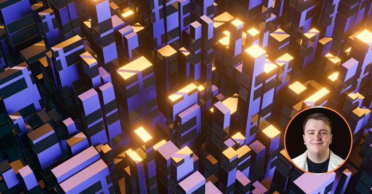 Abstract 3D cityscape with illuminated buildings representing cyber resilience, alongside a portrait of CyberOne Incident Response Lead Daniel Bergner.
