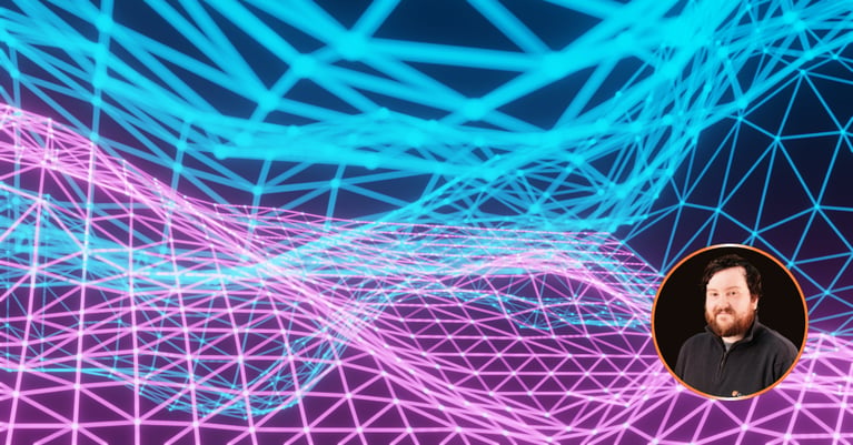 Abstract cyber security illustration featuring interconnected blue and purple digital mesh networks representing continuous vulnerability discovery and AI-driven security analysis. A circular portrait of a CyberOne team member appears in the lower-right corner against a dark background.