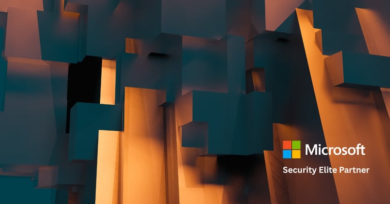 Abstract blue and amber geometric background featuring the Microsoft logo and 
