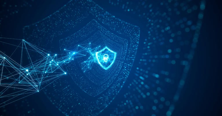 Abstract cybersecurity graphic showing a glowing digital shield and padlock surrounded by interconnected network lines and blue data points on a dark background.