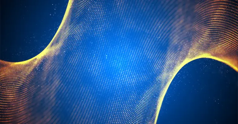 Abstract blue and gold dotted wave flowing across a dark background.