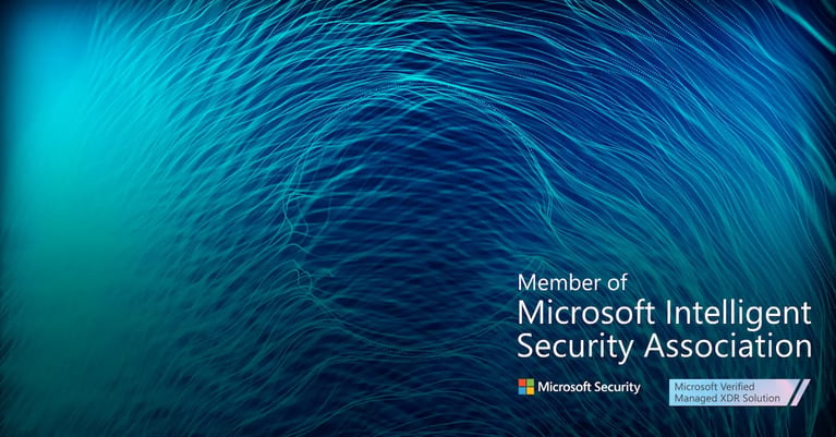 Abstract blue and teal flowing digital lines featuring Microsoft Security branding, highlighting CyberOne’s membership in the Microsoft Intelligent Security Association and Microsoft Verified Managed XDR Solution status.