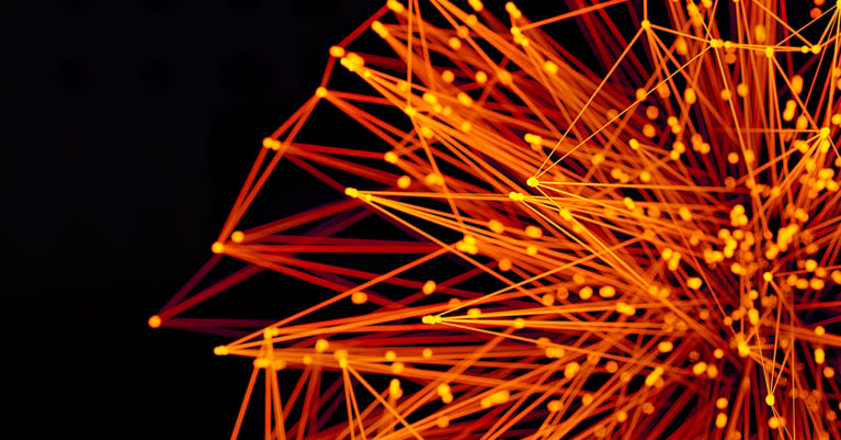 Abstract visualisation of interconnected data points and network connections representing data discovery, classification and security monitoring.