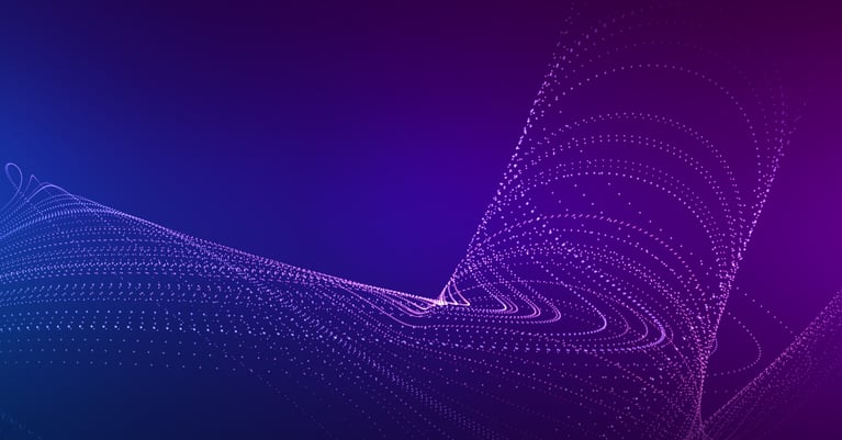 Abstract digital wave of interconnected data points flowing across a blue and purple gradient background, representing data security visibility, cybersecurity, cloud data and continuous monitoring.