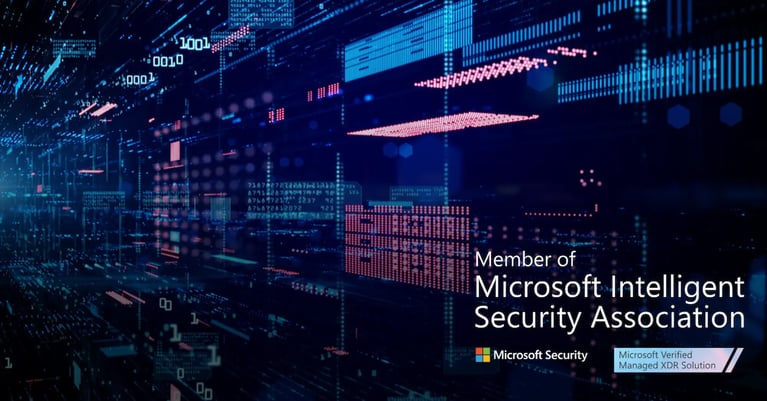 Abstract blue and pink cybersecurity data display with Microsoft Intelligent Security Association member and Microsoft Verified Managed XDR Solution badges.