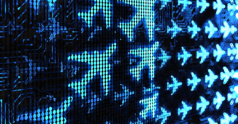 Digital illustration of aircraft silhouettes and circuit board patterns representing the Manchester Airport cyber attack, aviation cybersecurity and critical infrastructure cyber security.