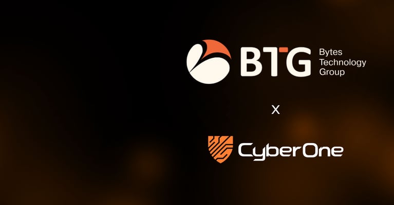 BTG Technology Group and cyberone logos on black background with orange gradients