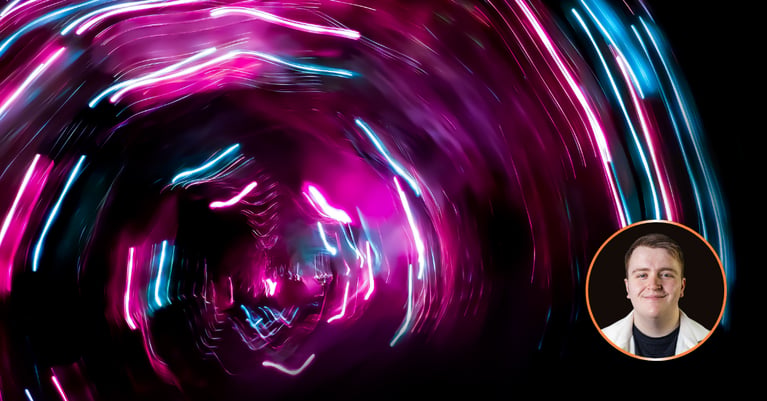 Strobes of light with a circular image of Dan Bergner's photo