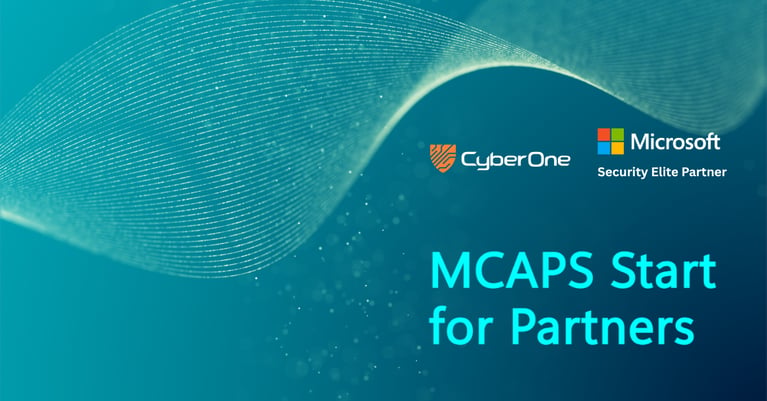 CyberOne and Microsoft Security Elite Partner banner promoting MCAPS Start for Partners, featuring a teal abstract wave background and the title 