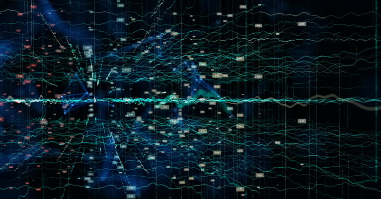 **Alt text:**  Abstract digital visualization of interconnected data streams and network activity, with glowing blue and teal lines flowing across a dark background alongside scattered data points and graph-like elements, representing cyber security, data analytics, and real-time monitoring.