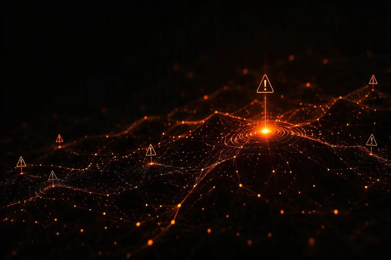Glowing cyber threat alerts across a connected digital network, representing threat intelligence and threat detection.